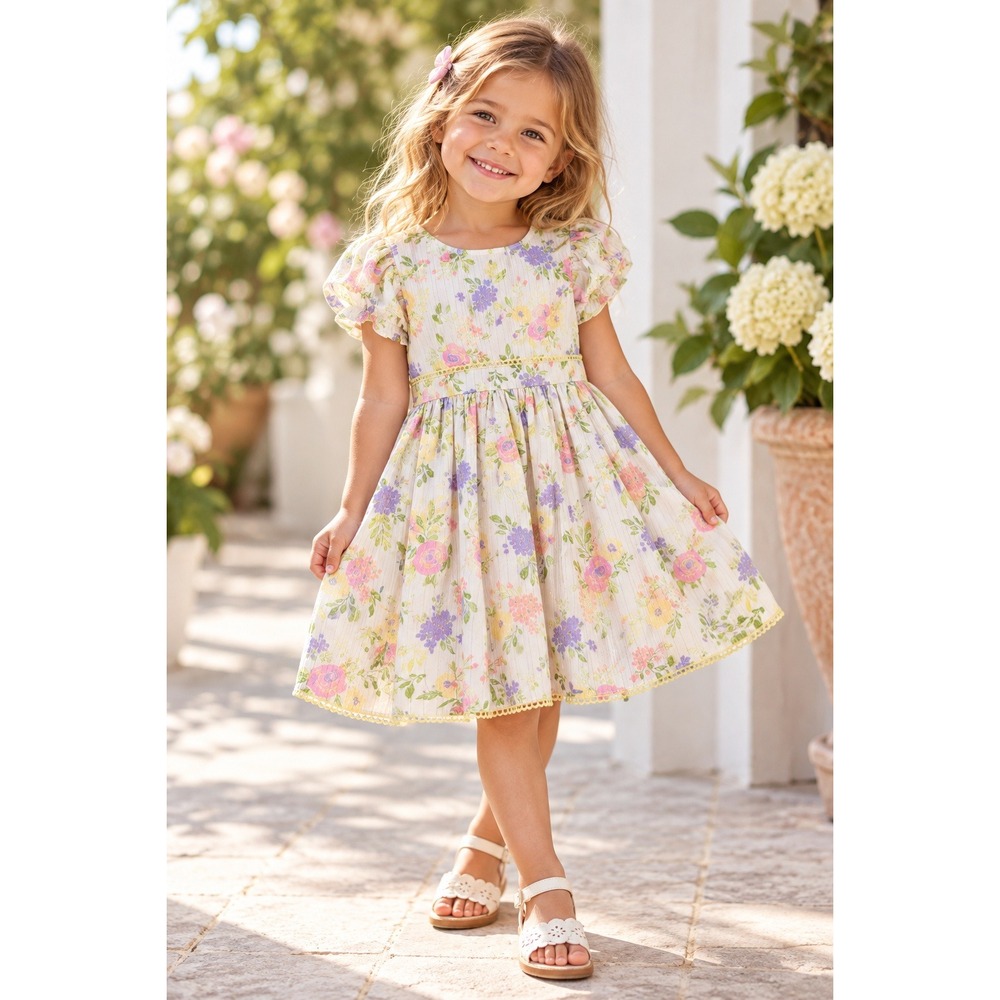 Cynthia Rowley Girls Floral Dress Gold Metallic Stripe Pink Purple Yellow Size 8